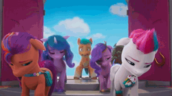 Size: 1280x716 | Tagged: safe, screencap, hitch trailblazer, izzy moonbow, misty brightdawn, pipp petals, sparky sparkeroni, sunny starscout, zipp storm, dragon, earth pony, pegasus, pony, unicorn, g5, have you seen this dragon?, my little pony: make your mark, my little pony: make your mark chapter 2, spoiler:g5, spoiler:my little pony: make your mark chapter 2, spoiler:mymc02e08, animated, cactus, covering mouth, depressed, door, entrance, female, head down, hiding, male, mane five, mare, sad, sound, stallion, webm