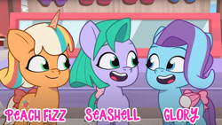 Size: 1920x1080 | Tagged: safe, edit, edited screencap, screencap, glory (g5), peach fizz, seashell (g5), earth pony, pegasus, pony, unicorn, g5, my little pony: tell your tale, pippsqueaks forever, spoiler:g5, spoiler:my little pony: tell your tale, spoiler:tyts01e28, bow, female, filly, foal, looking at each other, looking at someone, name, open mouth, open smile, pippsqueak trio, pippsqueaks, smiling, tail, tail bow, trio, trio female