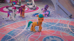 Size: 1280x716 | Tagged: safe, screencap, hitch trailblazer, izzy moonbow, pipp petals, sunny starscout, zipp storm, earth pony, pegasus, pony, unicorn, g5, have you seen this dragon?, my little pony: make your mark, my little pony: make your mark chapter 2, spoiler:g5, spoiler:my little pony: make your mark chapter 2, spoiler:mymc02e08, animated, cellphone, couch, fanning, female, line-up, male, mane five, mare, phone, potted plant, seat, sound, stained glass, stallion, table, tiled floor, visor, webm