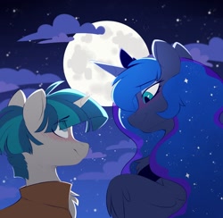 Size: 1900x1851 | Tagged: safe, artist:crimmharmony, princess luna, stygian, alicorn, pony, unicorn, g4, blushing, chest fluff, cloak, clothes, cloud, crown, eye clipping through hair, female, jewelry, looking at each other, looking at someone, male, mare, moon, night, regalia, ship:styuna, shipping, smiling, stallion, stars, straight