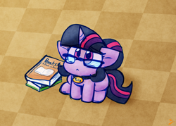 Size: 1592x1140 | Tagged: safe, artist:zutcha, sci-twi, twilight sparkle, pony, unicorn, equestria girls, :<, adorkable, book, bookhorse, collar, cute, dork, equestria girls ponified, featured image, female, glasses, looking at you, mare, pet tag, pettwi, sci-twiabetes, sitting, small, smol, solo, that pony sure does love books, twiggles, unicorn sci-twi
