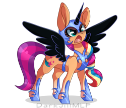 Size: 3948x3405 | Tagged: safe, artist:darkjillmlp123, nightmare moon, sunny starscout, earth pony, pony, g5, my little pony: tell your tale, nightmare night party, spoiler:g5, spoiler:my little pony: tell your tale, spoiler:tyts01e30, clothes, cosplay, costume, fake horn, fake wings, female, frown, high res, mane stripe sunny, mare, nightmare night costume, nightmare sunny, open mouth, shadow, simple background, solo, spread wings, transparent background, wings