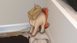 Size: 1120x630 | Tagged: safe, artist:mariashek, oc, oc:arthur ali, pony, unicorn, bag, bag on head, behaving like a cat, chest fluff, clothes, horn, horn impalement, paper bag, solo