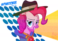 Size: 1754x1240 | Tagged: safe, artist:ace play, part of a set, pinkie pie, earth pony, pony, g4, abstract background, dreamworks face, female, grin, hat, mare, rapper pie, smiling, solo