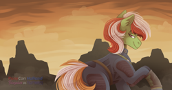 Size: 800x419 | Tagged: safe, artist:monnarcha, oc, oc only, oc:wandering sunrise, earth pony, pony, clothes, fallout, female, fiaura, mare, ponycon holland, solo