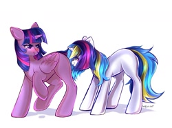 Size: 1687x1257 | Tagged: safe, artist:crybaby, twilight sparkle, oc, alicorn, pony, g4, duo, eyes on the prize, looking at butt, missing cutie mark, scrunchy face, simple background, twilight sparkle (alicorn), twilight sparkle is not amused, unamused, white background