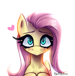 Size: 2800x2840 | Tagged: safe, artist:opal_radiance, fluttershy, pegasus, pony, g4, bright, cute, digital art, eyelashes, female, full face view, half body, heart, high res, looking at you, mare, simple background, smiling, smiling at you, solo, white background, wings