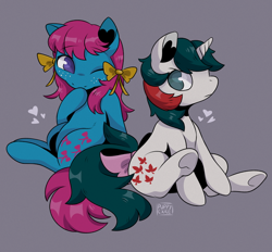 Size: 640x594 | Tagged: safe, artist:kzhound, bow tie (g1), gusty, earth pony, pony, unicorn, g1, bow, duo, duo female, female, freckles, gray background, hair, hair bow, heart, heart ears, mare, no pupils, one eye closed, reddit, shiny hair, shiny mane, signature, simple background, tail, tail bow, wink