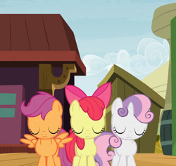 Size: 1280x1212 | Tagged: safe, composite screencap, edit, edited screencap, editor:pascalmulokozi2, screencap, apple bloom, scootaloo, sweetie belle, earth pony, pegasus, pony, unicorn, g4, growing up is hard to do, season 9, appleloosa, cutie mark crusaders