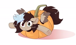 Size: 2048x1228 | Tagged: safe, artist:kebchach, oc, oc only, pegasus, pony, clothes, costume, food, food costume, pumpkin, pumpkin costume, solo, spread wings, surprised, wide eyes, wings