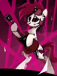 Size: 640x854 | Tagged: safe, artist:noriiuwu, oc, oc only, oc:rosella, pony, unicorn, abstract background, ear piercing, electric guitar, female, guitar, horn, lights, mare, musical instrument, not roseluck, piercing, reddit, rock (music), solo, unicorn oc
