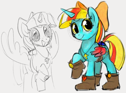 Size: 1175x875 | Tagged: safe, artist:dotkwa, oc, oc only, oc:terri softmare, alicorn, pony, 4chan, alicorn oc, bag, boots, bow, clothes, cross, cross necklace, female, freckles, gray background, hair bow, horn, jewelry, mare, necklace, open mouth, open smile, saddle bag, shoes, simple background, smiling, solo, wings
