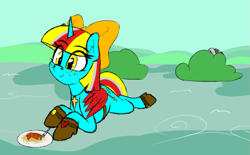 Size: 841x521 | Tagged: safe, artist:seafooddinner, oc, oc:terri softmare, pony, zebra, 4chan, bag, boots, bow, bush, clothes, cross, ear fluff, eye clipping through hair, eyebrows, eyebrows visible through hair, female, food, freckles, hair bow, lying down, mare, pasta, plate, prone, saddle bag, shoes, smiling, spaghetti, templeos