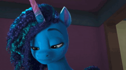 Size: 1280x716 | Tagged: safe, screencap, misty brightdawn, pony, unicorn, g5, have you seen this dragon?, my little pony: make your mark, my little pony: make your mark chapter 2, spoiler:g5, spoiler:my little pony: make your mark chapter 2, spoiler:mymc02e08, animated, booby trap, box, bucket, dodge, ducking, female, freckles, home alone, mare, movie reference, nervous, railing, solo, sound, swinging, trap (device), webm