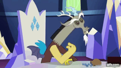 Size: 640x360 | Tagged: source needed, safe, screencap, discord, draconequus, dungeons and discords, g4, season 6, animated, cutie map, dice, gif, gifs.com, rarity's cutie mark, solo, twilight's castle, zipper, zippermouth