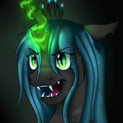 Size: 2100x2100 | Tagged: safe, artist:bennythebunny95, queen chrysalis, changeling, changeling queen, g4, bust, crown, female, glowing, glowing horn, high res, horn, jewelry, open mouth, portrait, regalia, solo