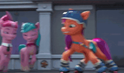 Size: 1280x764 | Tagged: safe, screencap, dahlia, izzy moonbow, sunny starscout, sweets (g5), earth pony, pony, unicorn, g5, have you seen this dragon?, my little pony: make your mark, my little pony: make your mark chapter 2, spoiler:g5, spoiler:my little pony: make your mark chapter 2, spoiler:mymc02e08, animated, barrel, barrel roll, belly, brick wall, crash, female, funny, helmet, levitation, magic, mare, musical instrument, roller skates, rolling, slender, sound, spinning, stuck, telekinesis, thin, trash can, webm