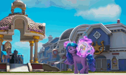 Size: 1280x764 | Tagged: safe, screencap, izzy moonbow, sunny starscout, earth pony, pony, unicorn, g5, have you seen this dragon?, my little pony: make your mark, my little pony: make your mark chapter 2, spoiler:g5, spoiler:my little pony: make your mark chapter 2, spoiler:mymc02e08, animated, background pony, ball, barrel, bubble, cellphone, cookie, crowd, cymbals, drums, female, flugelhorn, food, gazebo, glasses, harmonica, izzy's tennis ball, levitation, magic, male, mare, musical instrument, one-mare band, one-pony band, phone, playing, police station, sound, stallion, street, telekinesis, tennis ball, trumpet, uni-cycled object, uni-cycling, webm