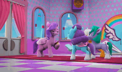 Size: 1280x764 | Tagged: safe, screencap, glory (g5), peach fizz, pipp petals, seashell (g5), earth pony, pegasus, pony, unicorn, g5, have you seen this dragon?, my little pony: make your mark, my little pony: make your mark chapter 2, spoiler:g5, spoiler:my little pony: make your mark chapter 2, spoiler:mymc02e08, animated, awkward, cellphone, door, female, filly, foal, mare, phone, pipp pipp hooray, pippsqueak trio, pippsqueaks, silence, sitting, smartphone, social media, sound, webm, window