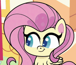 Size: 476x412 | Tagged: safe, screencap, fluttershy, pegasus, pony, g4.5, magical mare-story tour, my little pony: pony life, animated, cropped, cute, female, frown, gif, mare, shyabetes, solo