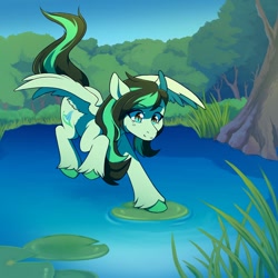 Size: 1600x1600 | Tagged: safe, artist:grumpimoon, oc, oc only, oc:eden shallowleaf, pegasus, pony, commission, commissioner:rainbowdash69, female, flying, grass, lilypad, pegasus oc, pond, solo, tree, water