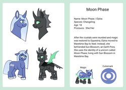 Size: 640x457 | Tagged: safe, artist:kokorokinda, oc, oc only, oc:elytra, oc:moon phase, changeling, pony, g5, blaze (coat marking), changeling oc, coat markings, colored hooves, cutie mark, disguise, disguised changeling, facial markings, female, g5 oc, reddit, reference sheet, solo, unshorn fetlocks, white changeling