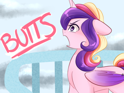 Size: 1600x1200 | Tagged: safe, artist:sugarberry, princess cadance, alicorn, pony, g4, ask-cadance, balcony, butts, female, floppy ears, frown, glare, mare, one word, open mouth, solo, yelling