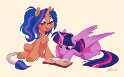 Size: 4016x2504 | Tagged: safe, artist:imalou, twilight sparkle, oc, alicorn, pony, unicorn, g4, book, chest fluff, duo, female, freckles, glasses, happy, lying down, mare, prone, reading, simple background, smiling, tail, tail wrap, twilight sparkle (alicorn), unshorn fetlocks, yellow background