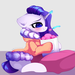 Size: 2000x2000 | Tagged: safe, artist:shavurrr, rarity, pony, unicorn, g4, blushing, clothes, comfort eating, eating, female, food, high res, ice cream, magic, mare, robe, simple background, solo, spoon, telekinesis