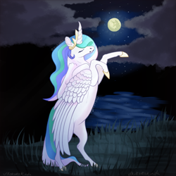 Size: 640x640 | Tagged: safe, artist:kokorokinda, princess celestia, alicorn, pony, g4, alternate versions at source, cloud, colored hooves, crown, ethereal mane, female, grass, jewelry, lake, mare, mare in the moon, moon, night, reddit, regalia, solo, stars, water