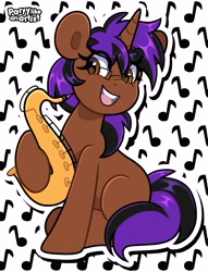 Size: 3057x4000 | Tagged: safe, artist:partypievt, oc, oc only, pony, unicorn, digital art, eyelashes, female, full body, glasses, hoof hold, horn, looking back, mare, musical instrument, open mouth, open smile, saxophone, sitting, smiling, solo