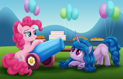 Size: 2033x1298 | Tagged: safe, artist:lifesharbinger, izzy moonbow, pinkie pie, earth pony, pony, unicorn, g4, g5, balloon, cake, crouching, face down ass up, female, food, g5 to g4, generation leap, izzy and her heroine, mare, missing cutie mark, muffin, party cannon, pie, pinkie pie day, table, the new pinkie pie, unshorn fetlocks