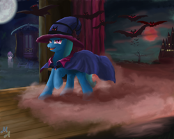 Size: 2500x2000 | Tagged: safe, artist:maslivka, starlight glimmer, trixie, bat, pony, g4, blood moon, cloak, clothes, curtains, digital art, duo, duo female, evil, evil eyes, eyelashes, fangs, female, fog, full body, grass, halloween, hat, high res, holiday, horn, lock, mare, moon, nightmare night, raised hoof, scene, smiling, wagon, witch hat, wood