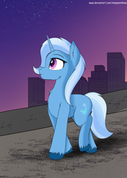 Size: 2958x4125 | Tagged: safe, artist:tempestshine, trixie, pony, unicorn, g4, chest fluff, city, cracks, digital art, ear fluff, eyelashes, female, full body, hooves, horn, house, houses, looking back, mare, night, road, sky, solo, stars, sunset, tail, unshorn fetlocks