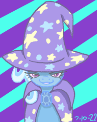 Size: 328x414 | Tagged: safe, artist:gatersmoke420, trixie, pony, unicorn, g4, cape, clothes, grin, hat, smiling, solo, trixie's cape, trixie's hat