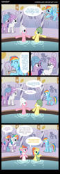 Size: 900x2572 | Tagged: safe, artist:cyberglass, fluttershy, pinkie pie, rainbow dash, rarity, twilight sparkle, earth pony, pegasus, pony, unicorn, comic:unique, g4, alternate hair color, comic, dialogue, female, mare, multicolored hair, newspaper, ponyville spa, rainbow hair, spa, speech bubble, wat