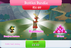 Size: 1264x859 | Tagged: safe, gameloft, idw, blackthorn, deer, g4, my little pony: magic princess, antlers, armor, besties bundle, bundle, bush, costs real money, english, flower, gem, guard, horns, idw showified, lantern, male, numbers, sale, solo, stag, text, tree