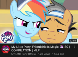 Size: 828x607 | Tagged: safe, screencap, quibble pants, rainbow dash, earth pony, pegasus, pony, g4, my little pony: friendship is magic, season 9, baseball cap, cap, devious, duo, duo male and female, female, frown, hat, headband, looking at each other, looking at someone, male, mare, open mouth, open smile, out of context, smiling, stallion, youtube link, youtube thumbnail