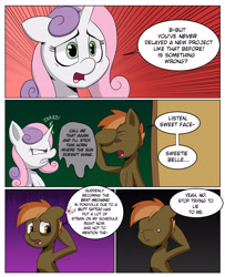 Size: 3000x3700 | Tagged: safe, artist:begoliah, button mash, sweetie belle, earth pony, pony, unicorn, comic:crusaders, g4, bags under eyes, colt, comic, dialogue, duo, duo male and female, female, filly, foal, high res, implied horn penetration, implied penetration, innuendo, male, speech bubble