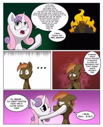 Size: 3000x3700 | Tagged: safe, artist:begoliah, button mash, sweetie belle, earth pony, pony, unicorn, comic:crusaders, g4, abstract background, colt, comic, dialogue, duo, duo male and female, female, filly, foal, gradient background, high res, holding head, male, speech bubble, squishy cheeks