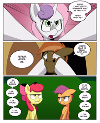Size: 3000x3700 | Tagged: safe, artist:begoliah, apple bloom, button mash, scootaloo, sweetie belle, earth pony, pegasus, pony, unicorn, comic:crusaders, g4, bow, colt, comic, cutie mark crusaders, female, filly, foal, high res, holding head, male