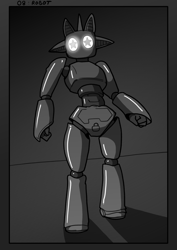 Size: 1240x1754 | Tagged: safe, artist:husdur, oc, oc:moonzy, robot, unicorn, anthro, glowing, glowing eyes, kinktober, kinktober 2022, monochrome, roboticization, starry eyes, wingding eyes