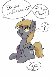 Size: 2000x3000 | Tagged: safe, artist:chedx, derpy hooves, pegasus, pony, g4, blatant lies, dialogue, funny, high res, offscreen character, open mouth, open smile, ponytober, question mark, simple background, sitting, smiling, solo, speech bubble, thought bubble, white background