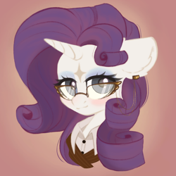 Size: 900x900 | Tagged: safe, artist:pollynia, rarity, pony, unicorn, g4, bust, clothes, coat markings, digital art, ear fluff, ear piercing, earring, eyelashes, facial markings, female, glasses, horn, jewelry, looking at you, makeup, mare, piercing, portrait, shirt, simple background, smiling, smiling at you, solo, star (coat marking)