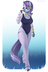 Size: 2000x3000 | Tagged: safe, artist:villjulie, oc, oc only, oc:voodoo charms, earth pony, unicorn, zebra, anthro, unguligrade anthro, bracelet, breasts, cleavage, clothes, commissioner:bigonionbean, female, fusion, fusion:starlight glimmer, fusion:zecora, high res, horn, jewelry, mare, neck rings, one-piece swimsuit, solo, swimsuit, thighs, writer:bigonionbean, zebra oc