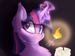 Size: 2000x1500 | Tagged: safe, artist:starcasteclipse, twilight sparkle, ambiguous race, pony, g4, bust, candle, chest fluff, dark background, digital art, ear fluff, eyelashes, female, fire, horn, light, looking back, magic, mare, match, portrait, simple background, solo