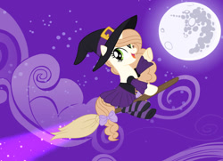 Size: 1280x925 | Tagged: safe, artist:cindystarlight, oc, oc only, oc:ashley shine diamond, pony, unicorn, base used, broom, clothes, dress, flying, flying broomstick, hat, mare in the moon, moon, socks, solo, striped socks, witch hat