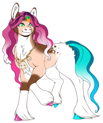 Size: 1280x1525 | Tagged: safe, artist:malinraf1615, oc, oc only, earth pony, pony, barrette, chest fluff, digital art, ear fluff, female, food, full body, green eyes, hooves, jewelry, looking back, mare, necklace, offspring, parent:hitch trailblazer, parent:sunny starscout, parents:starblazer, pineapple, shell, simple background, smiling, solo, tail, transparent background, unshorn fetlocks