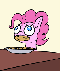Size: 715x843 | Tagged: safe, artist:happy harvey, pinkie pie, earth pony, pony, g4, chocolate chip cookie, cookie, ear fluff, faic, female, food, mare, mouth hold, no pupils, phone drawing, plate, solo, stealing, table, wall eyed