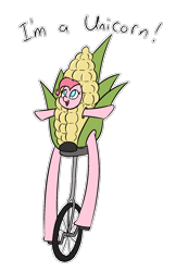 Size: 1080x1664 | Tagged: safe, artist:happy harvey, pinkie pie, earth pony, pony, unicorn, g4, corn, dialogue, drawthread, female, food, long legs, mare, no pupils, open mouth, phone drawing, pun, riding, simple background, smiling, transparent background, unicycle